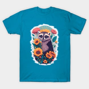 Cheerful Raccoon Amidst Colorful Blooms T-Shirt